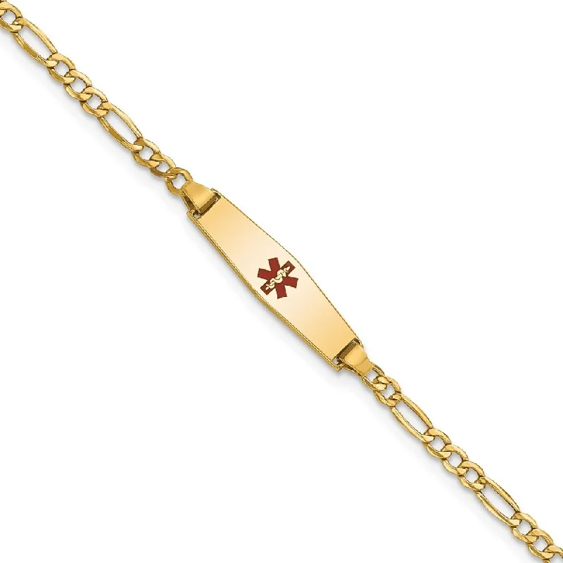 Mussel shell bracelet-14k Yellow Gold 5.5mm Medical Semi-Solid Soft Diamond Shape Red Enamel Figaro ID Bracelet, 6"