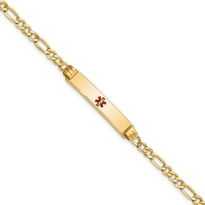 Welded edge bracelet-14k Yellow Gold 5.5mm Semi-solid Medical Polished Red Enamel Figaro ID Bracelet, 7"