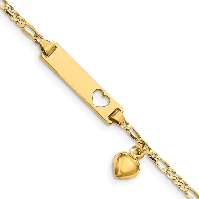 Bud wrap bracelet-14k Yellow Gold 5mm Cut-out Heart w/Dangling Heart Children's Figaro Link ID Bracelet, 6"