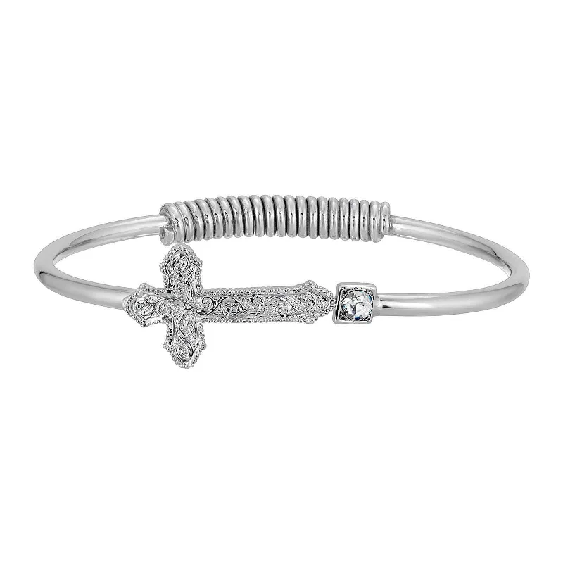 Violet bloom bracelet-1928 Jewelry Silver Vine Cross Round Crystal Hinge Bangle Bracelet