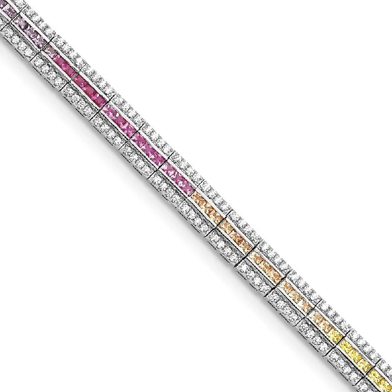 Powdered finish bracelet-925 Sterling Silver Rhodium-plated Channel-Set Colorful & Clear Cubic Zirconia Bracelet, 7.25"