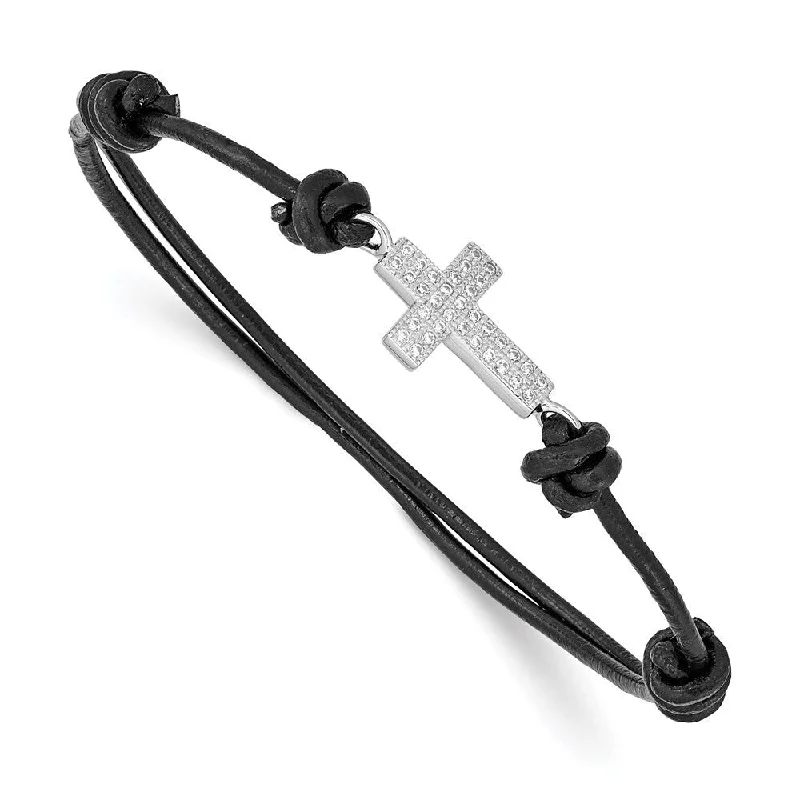 Pinned design bracelet-925 Sterling Silver Rhodium-plated Cubic Zirconia Cross Black Leather Adjustable Bracelet