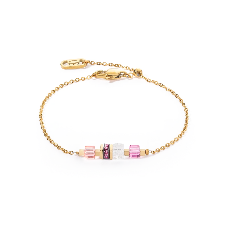 Canvas wrap bracelet-Bracelet Mini Cubes & Chain gold-pink