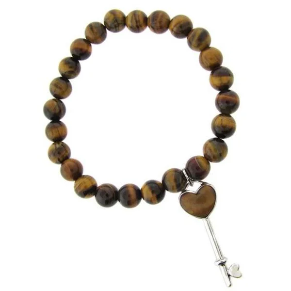 Border stone bracelet-Dolce Giavonna Sterling Silver Tigers Eye Heart Key Charm Stretch Bracelet