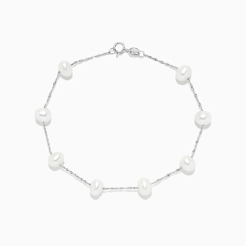 Rattan band bracelet-14K White Gold Cultured Fresh Water Pearl Station Bracelet