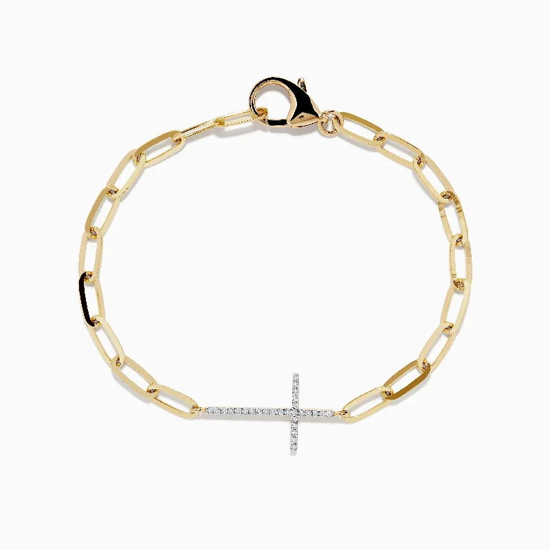 Pleated design bracelet-D'oro 14K Yellow Gold Diamond Cross Paperclip Bracelet