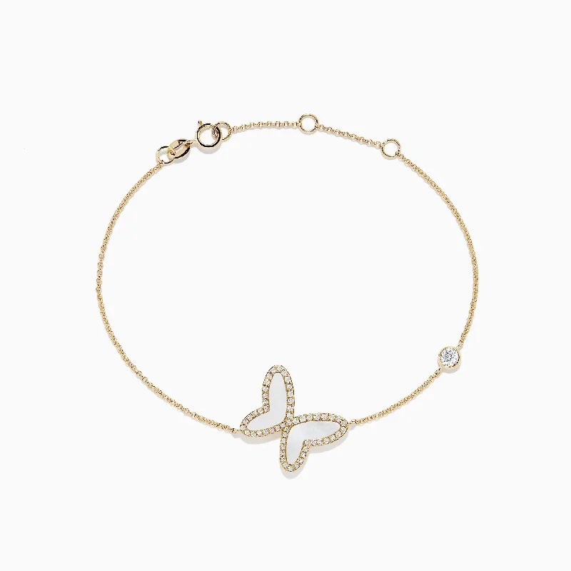 Droplet stone bracelet-Nature 14K Gold Mother of Pearl & Diamond Butterfly Bracelet, 0.03 TCW