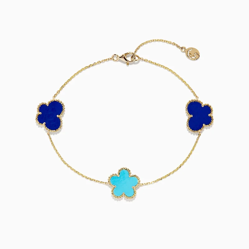 Pointed edge bracelet-Novelty 14K Gold Turquoise & Lapis Floral Butterfly Bracelet