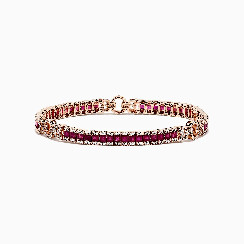 Ripple stripe bracelet-Ruby Royale 14K Rose Gold Princess Cut Ruby and Diamond Tennis Bracelet, 7.66 TCW