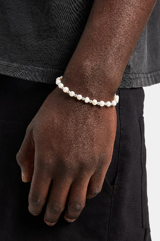 Bunched band bracelet-Freshwater Pearl & Bead Bracelet - White