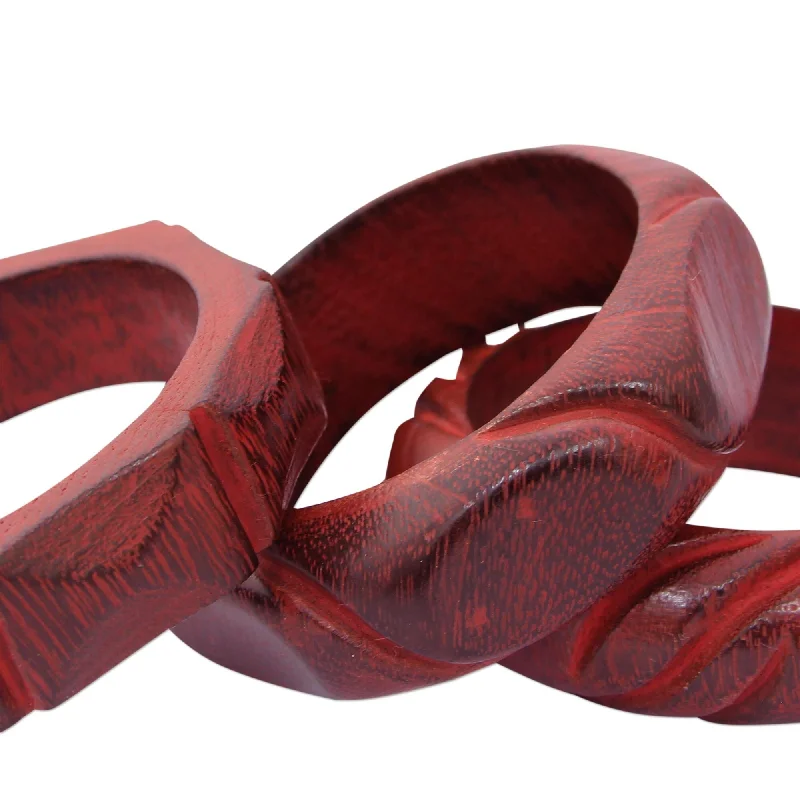 Woolen felt bracelet-Handmade Set of 3 Wood Bangle Bracelets, 'Indian Romance' (India) - 7'6" x 9'6"