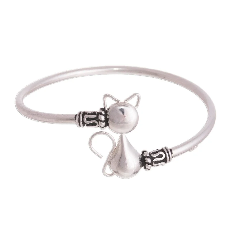 Stencil dye bracelet-NOVICA Delightful Cat, Sterling silver pendant bangle bracelet