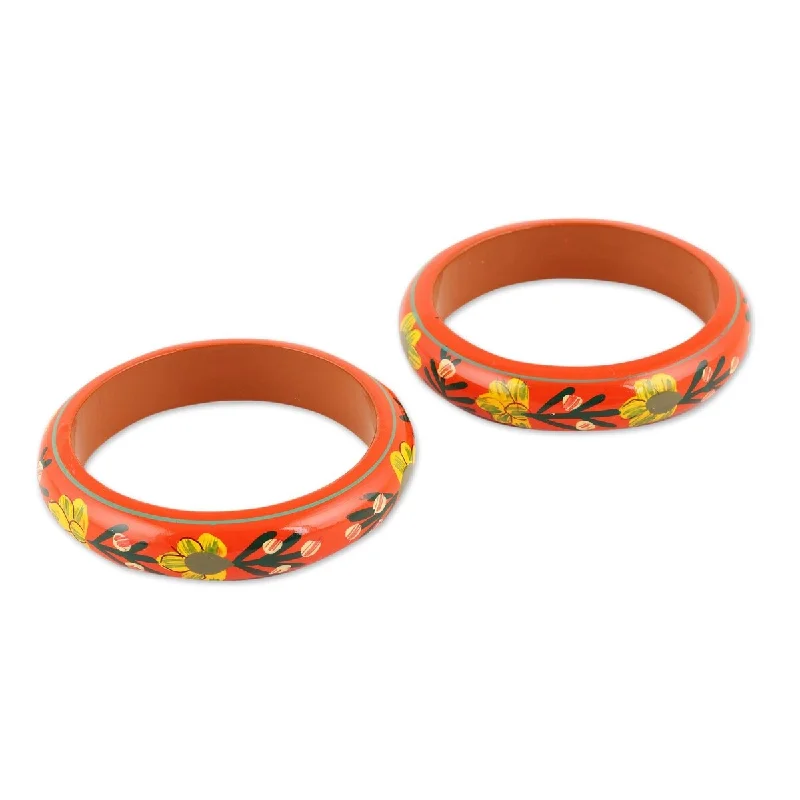 Grainy texture bracelet-NOVICA Vermilion Garden, Wood bangle bracelets (pair) - 7.75" Inner Circ. x 0.6" W