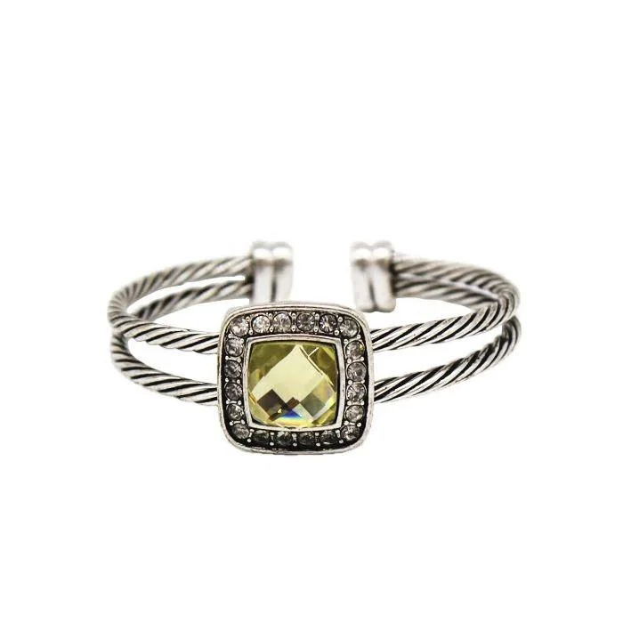 Minoan gold bracelet-Twisted Cable Cuff Bangle Silver Bracelet With Yellow Austrian Crystal