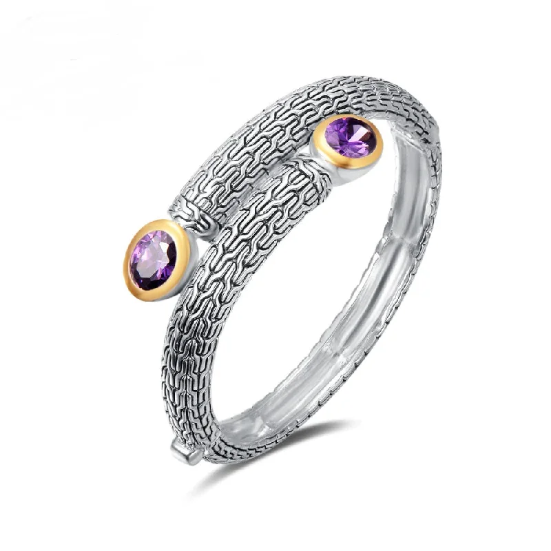 Scored band bracelet-Rhodium Plated Two-Tone Amethyst Hinged Bangle Bracelet