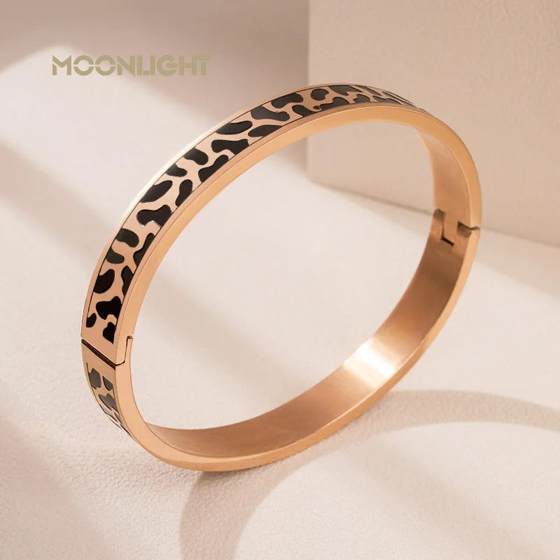 Sisal wrap bracelet-Rose Gold Stainless Steel Animal Print Hinged Bangle Bracelet