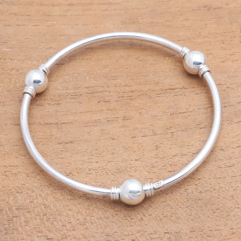 Frosted glass bracelet-Round Trio Orb Motif Sterling Silver Bangle Bracelet from Bali