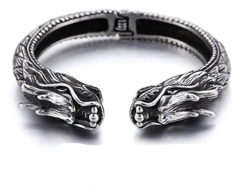 Crowned gem bracelet-Stainless Steel Double Dragons Hinged Cuff Bangle