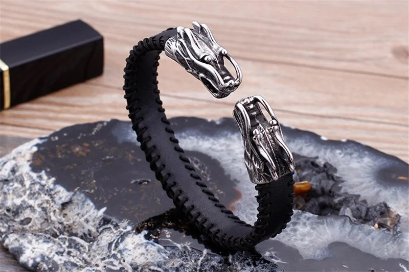 Juniper leaf bracelet-Stainless Steel Leather Double Dragons Open Cuff Bangle