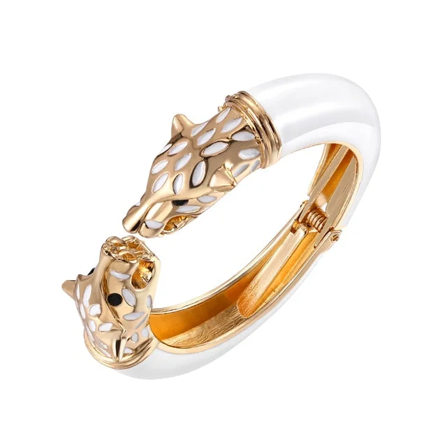 Chalk speck bracelet-White Enamel Panther Hinged Gold Bangle Luxury Bracelet