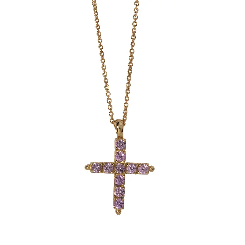 Creeper vine necklace-Pink Sapphire Cross 18K Gold Pendant Necklace