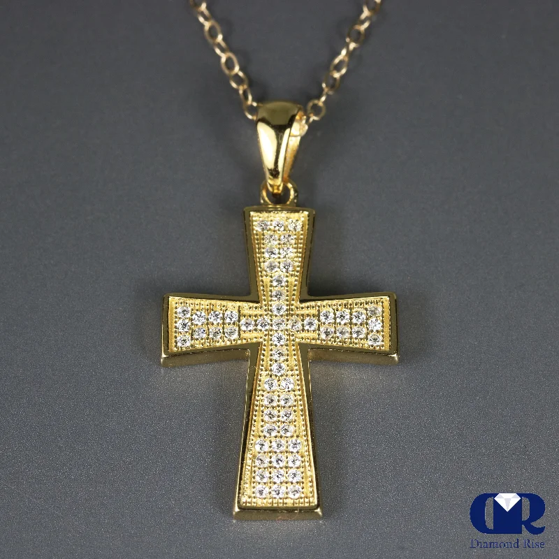 Hittite charm necklace-0.30 Carat Round Cut Diamond Cross Pendant Necklace In 14K Yellow Gold