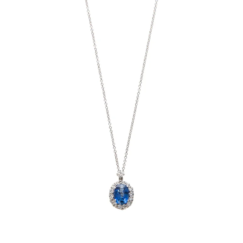 Chipped bark necklace-1.6ct Sapphire & Diamond Halo 18K White Gold Pendant Necklace