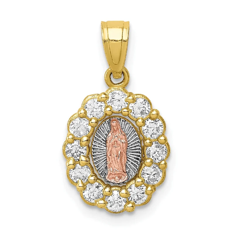 Engraved cut necklace-10KT Gold Tri-Color Cubic Zirconia Guadalupe Pendant. Chain Not Included