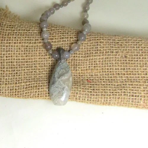 Stamped pattern necklace-Grey Gemstone Necklace Chalcedony Pendant Necklace