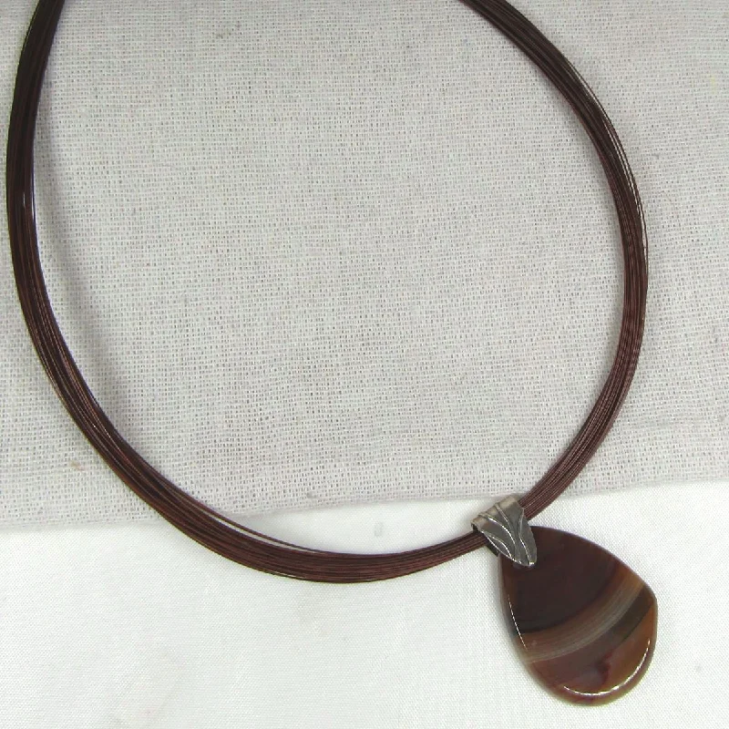 Chalk speck necklace-Agate Pendant Necklace with Multi-strand Brown Twisted Neck Wire