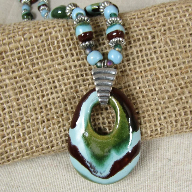 Tartan check necklace-Big Kazuri Pendant Necklace Aqua & Brown Fair Trade Beads