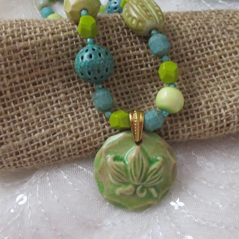 Copper cast necklace-Handmade Artisan Pendant Necklace in Celery and Teal Beads