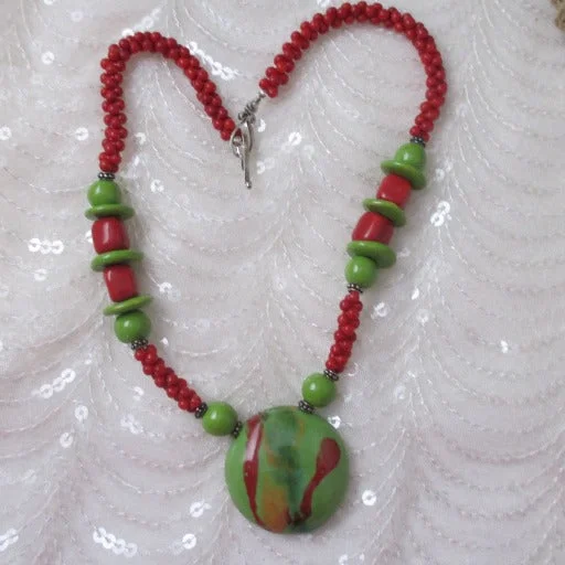 Tin toned necklace-Red & Green Handmade Kazuri Bead Pendant Necklace