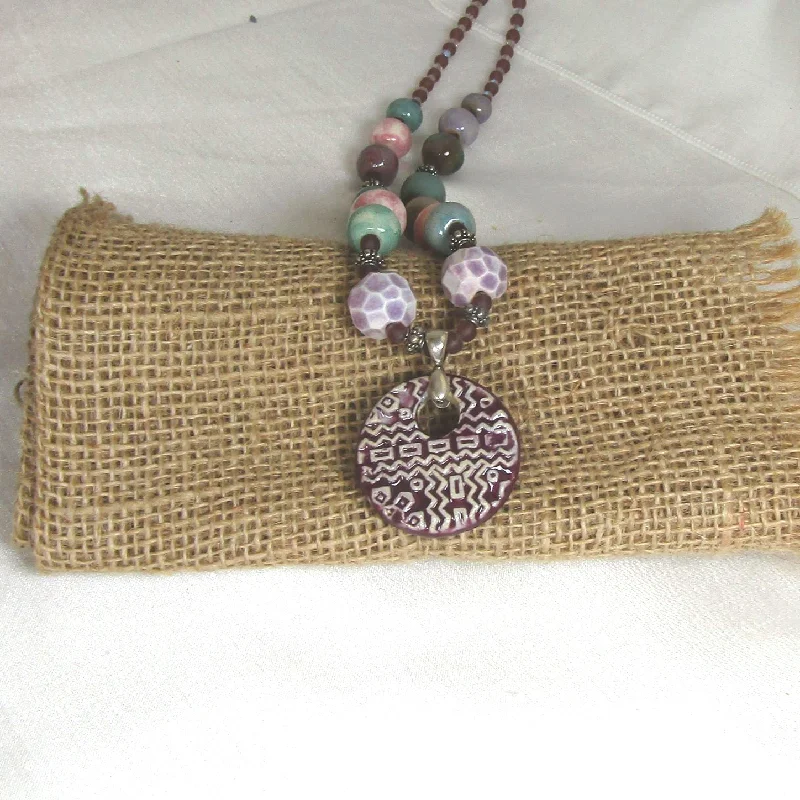 Matte stone necklace-Purple Swazi Pendant on Handmade Artisan Beaded Necklace