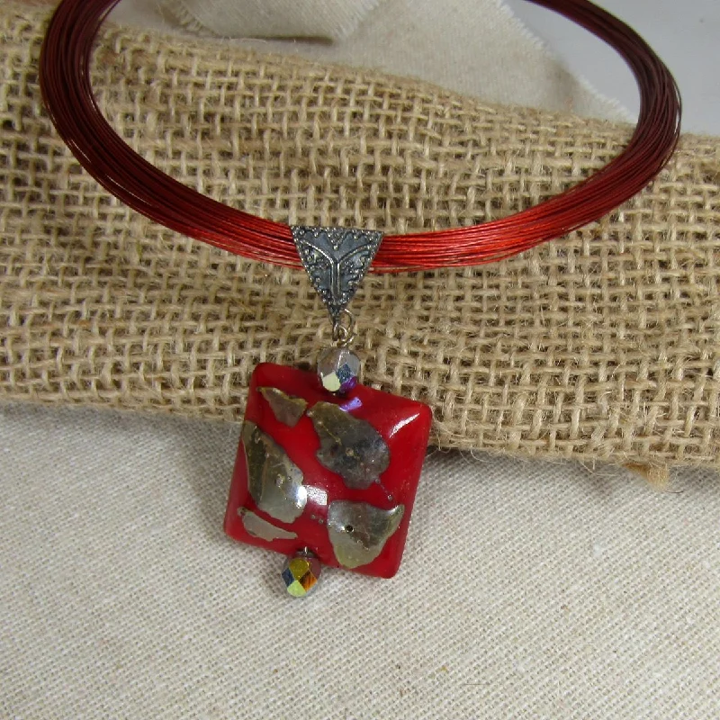 Raised bezel necklace-Red Multi-strand Pendant Necklace with Red Handmade Bead Pendant