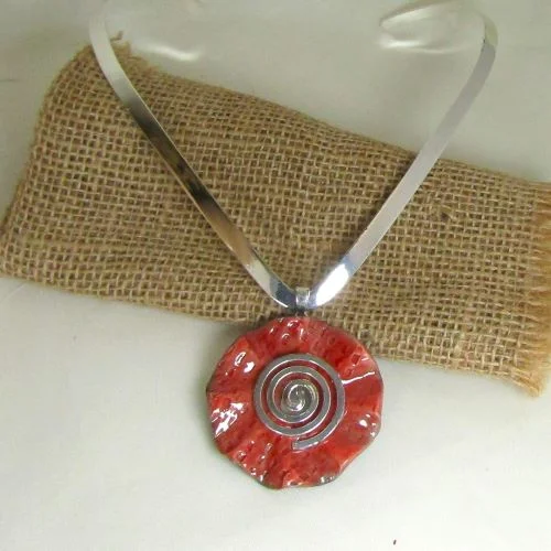 Almond bead necklace-Silver Choker with Handmade Big Red Raku Pendant & Spiral Bail