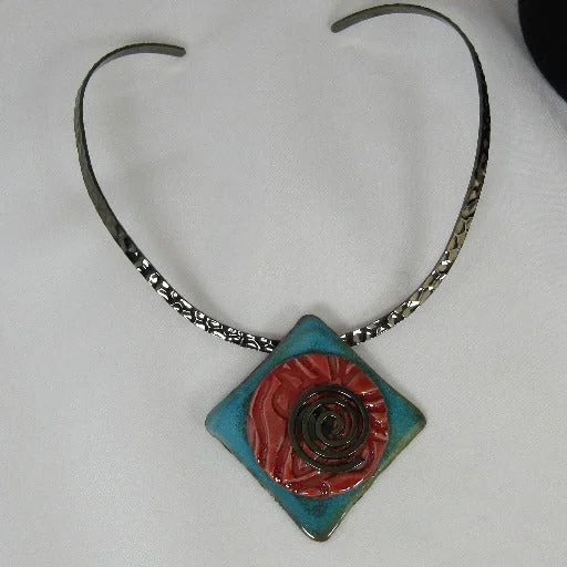 Hazel wood necklace-Handmade Coral & Turquoise Raku Glazed Pendant on Gunmetal Choker