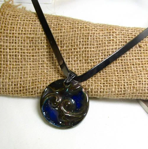 Prehistoric necklace-Big Bold Cobalt Blue Handmade Pendant Necklace Raku Gunmetal Neck Wire