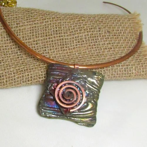 Tarnished finish necklace-Choker Handmade Dark Green Raku Pendant Copper Neck Wire