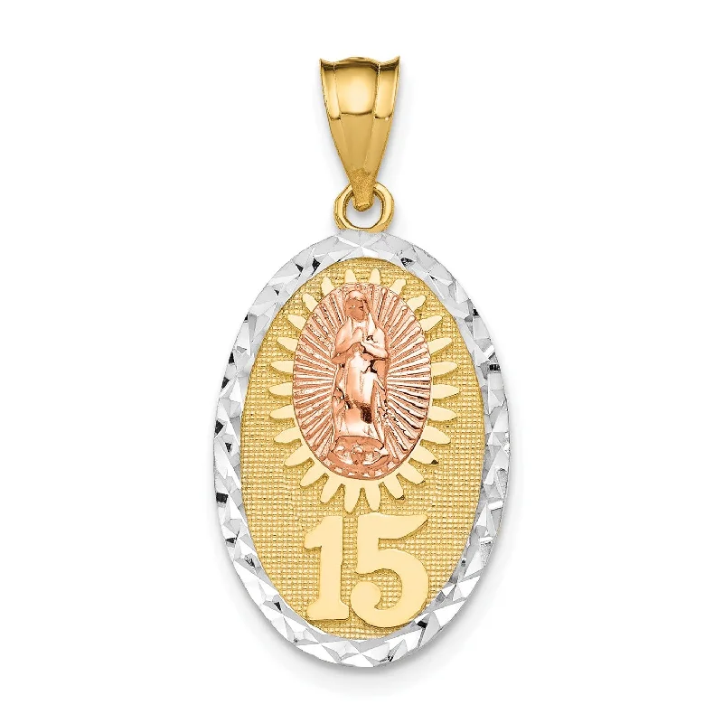 Folk ikat necklace-14KT Gold Tri-Color 22X14MM Guadalupe Quinceanera Pendant. Chain Not Included