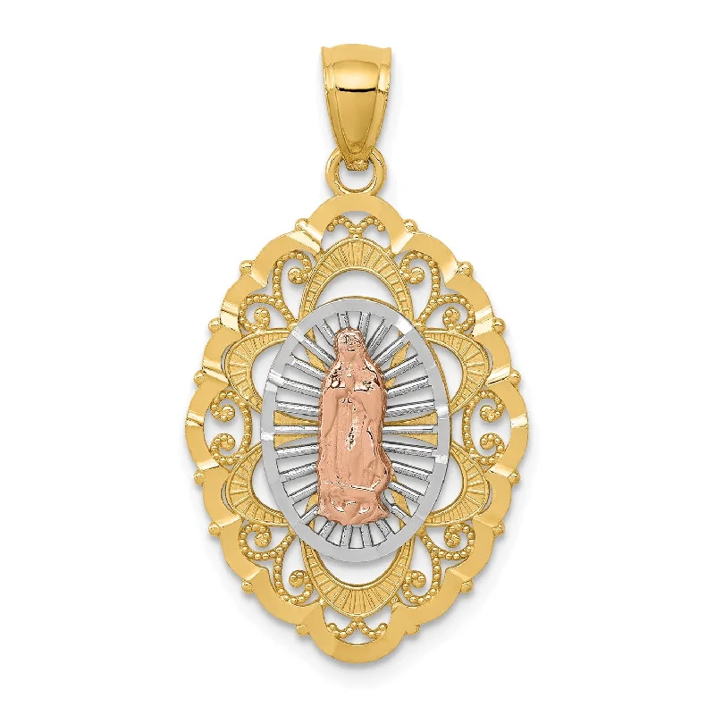 Lattice texture necklace-14KT Gold Tri-Color 34X18MM Guadalupe Pendant. Chain Not Included