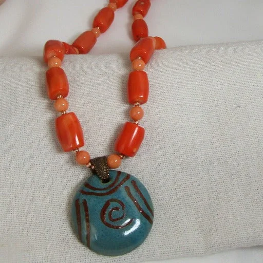 Linked chain necklace-Big Turquoise Handmade  Fair Trade Kazuri Pendant  Necklace