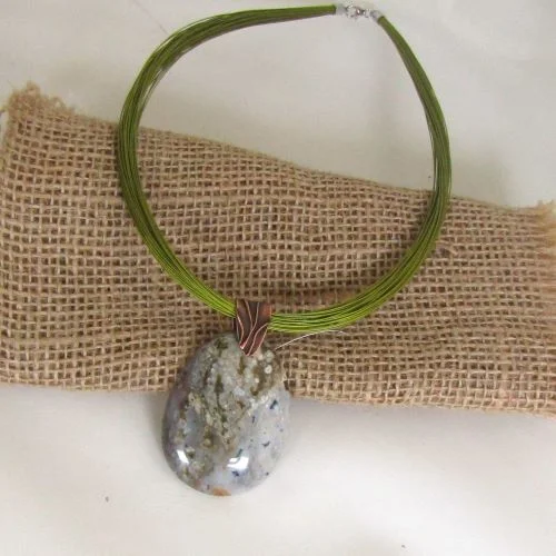 Ocean ripple necklace-Jasper Ocean Gemstone Pendant on Green Mult-strand Necklace