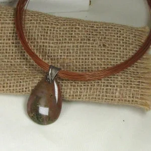 Unakite jasper necklace-Jasper Gemstone Teardrop Pendant on Multi-strand  Neck Wire