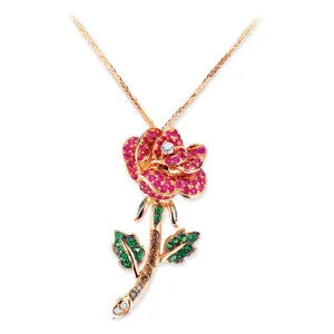 Octagonal gem necklace-18K Rose Gold Rose Pendant Necklace With Diamond Sapphires And Tsavorite