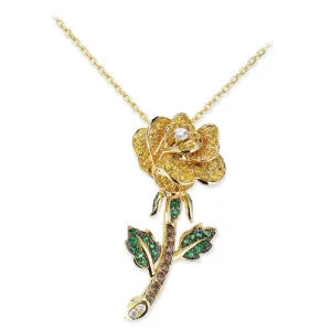 Embossed bar necklace-18K YELLOW GOLD ROSE PENDANT NECKLACE WITH DIAMOND TSAVORITE AND SAPPHIRES