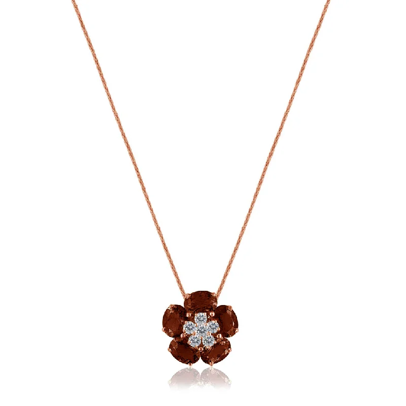 Chipped bark necklace-18K Rose gold flower pendant necklace with pink tourmaline and diamonds