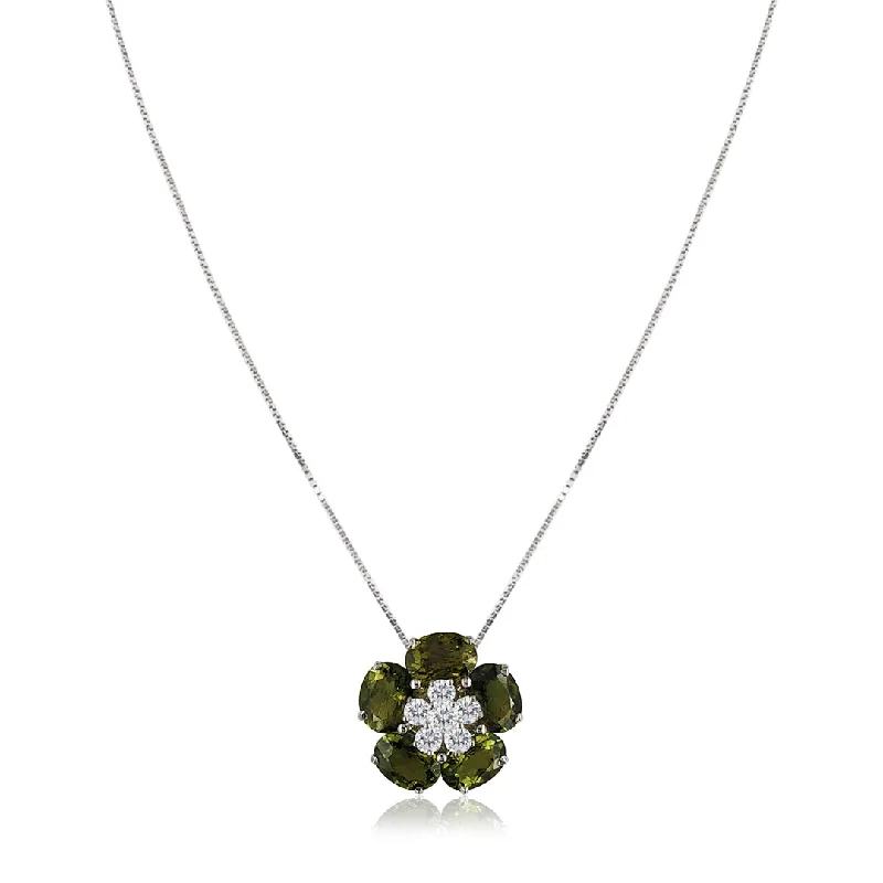 Shaved chain necklace-18K White gold flower pendant necklace with green tourmaline and diamonds