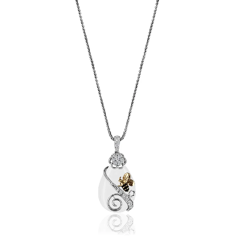 Cedar nut necklace-18K Two Tone Bee Pendant Necklace With Diamonds And Black And White Agate