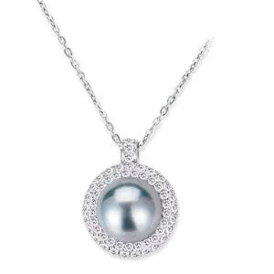 Micro pave necklace-18K White Gold Pendant Necklace With Diamonds And Center Pearl